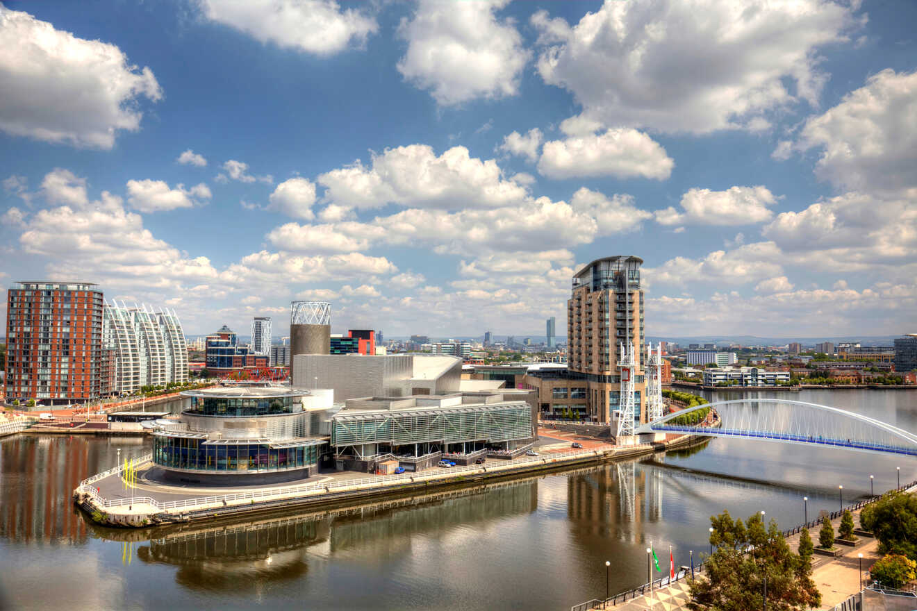 Panoramic view of Manchester's modern waterfront with architectural landmarks, featuring the striking curved bridge over the river and surrounding contemporary buildings under a blue sky with fluffy clouds